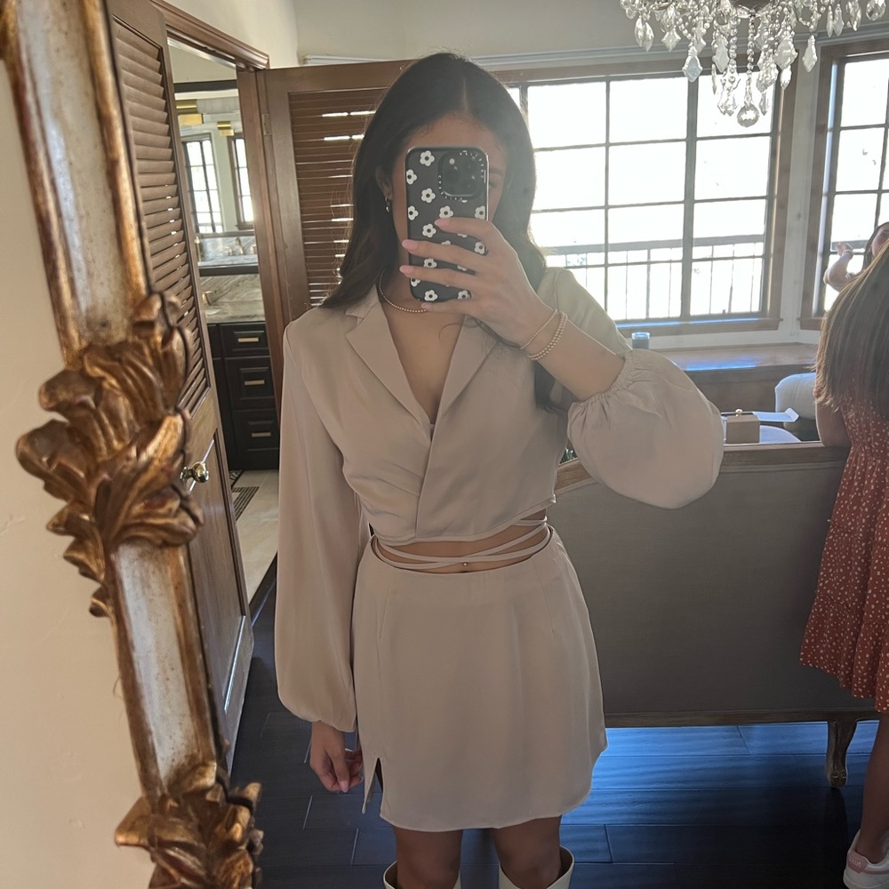 Taupe Skirt/Wrap Blazer Set